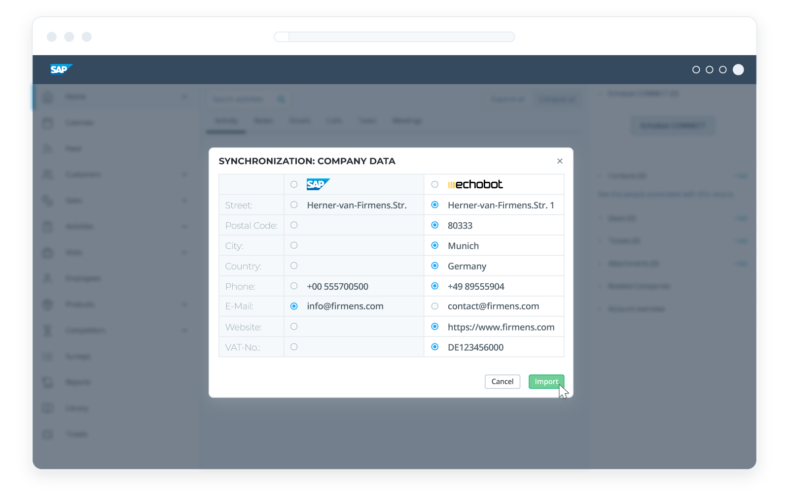 SAP CONNECT Integration Synchselection